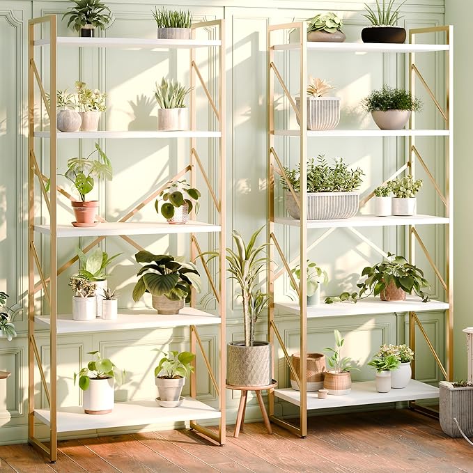 Shintenchi 2 Pieces 5 Tiers Bookshelf, Classically Tall Bookcase Shelf, Industrial Book Rack, Modern Book Holder in Bedroom/Living Room/Home/Office, Storage Rack Shelves for Books/Movies-Gold