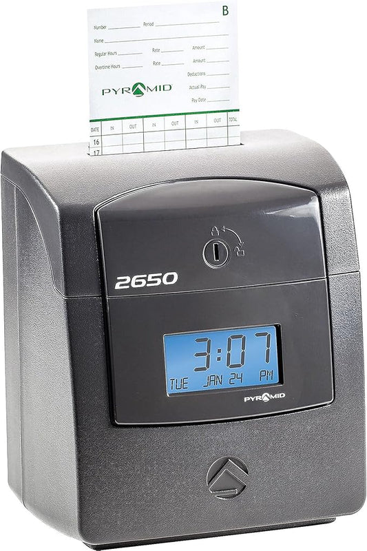 Pyramid Time Systems - Pyramid Technologies 2650 Pro Auto Aligning Time Clock, Bundle Includes: 25 Time Cards, Ribbon and 2 Security Keys - Charcoal (5 "h x 7.25 "w x 8.5" d)