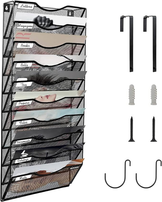 Wall File Organizer, 10 Tire Hanging File Folder Mail Organizer, Vertical Mesh Metal Door/Wall Mount Hanging File Holder, Paper Document Magazine Rack with Hooks for Home Office Black
