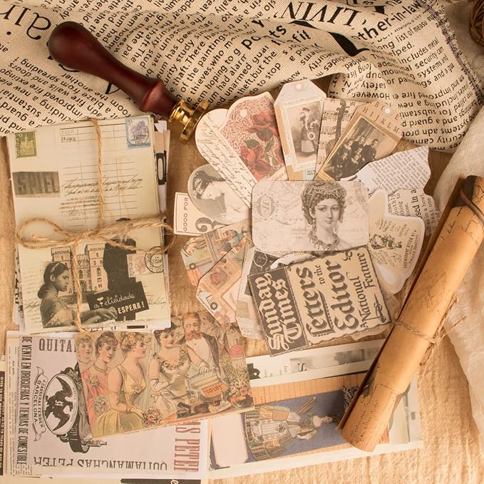 200Pcs Vintage Scrapbook Stickers, Aesthetic Junk Journal Stamping Supplies Kit, Scrapbooking Ephemera Washi Paper for Bullet Journaling Planners Diary Collage