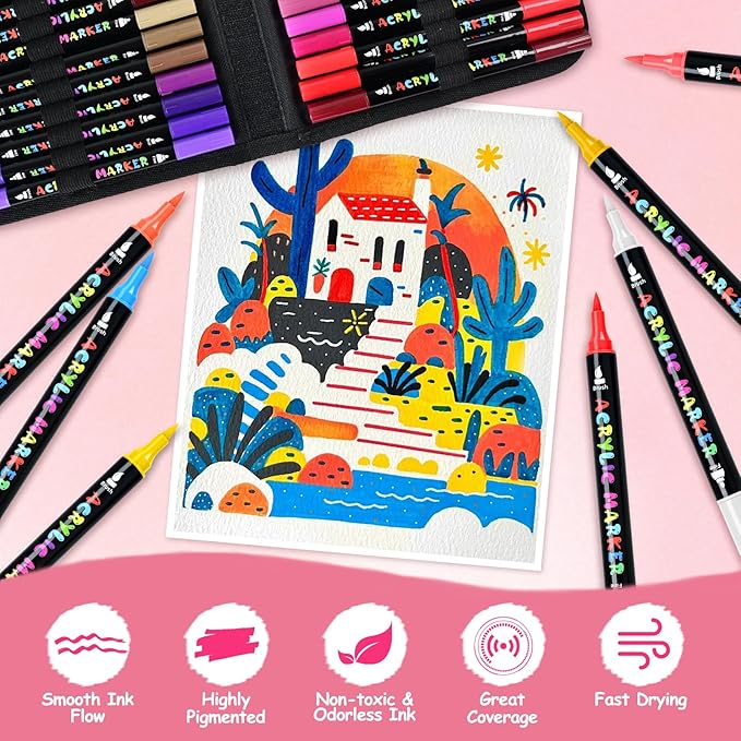 IVSUN Acrylic Paint Pens, 100 Colors Dual Tip Paint Markers with Fine Tip and Brush Tip Pens for Stone, Wood, Canvas, Calligraphy, Ceramic, Metal, Glass, Rock Painting, DIY Crafts Art Supplies Kit