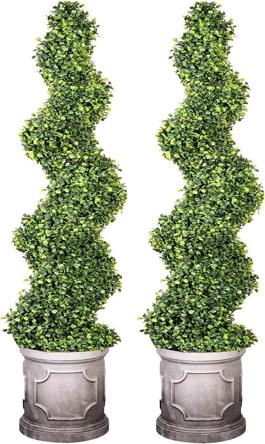 4FT Artificial Spiral Boxwood Topiary Trees with Antique-White Roman-Style Planter - Outdoor&Indoor Year-Round Garden, Porch, Entryway Decor (2 Pack)