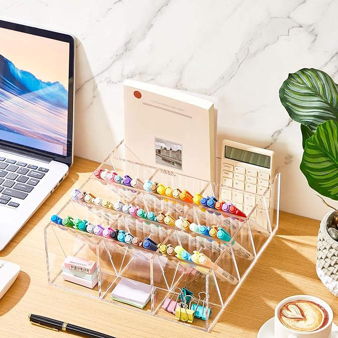 Acrylic Pen Organizer Storage for 150 Markers Vertical Marker Organizer Acrylic Pen Display Holder for Office Desk Desktop Stationery Pencil Storage, Clear, 10.2 x 4 x 9.8 Inch
