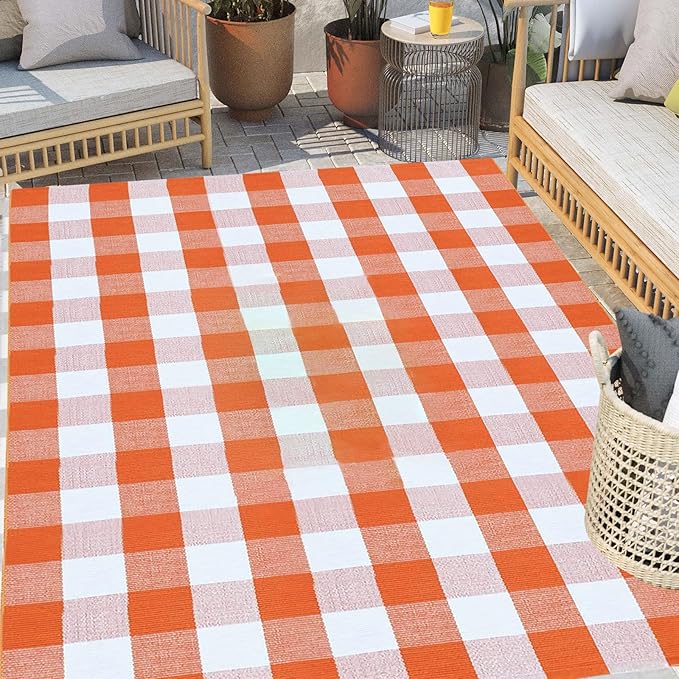 Buffalo Plaid Outdoor Rugs, 4' x 6' Orange and White Checkered Indoor/Outdoor Area Rug, Layering Rug for Hello/Welcome Door Mat, Washable Cotton Woven Farmhouse Mat for Fall Front Porch Décor