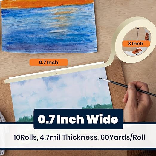 General Purpose Masking Tape 0.7 Inches x 60 Yards, Beige White Painters Tape for Painting, Labeling, DIY Arts Crafts, Home Office School Projects, 10 Rolls