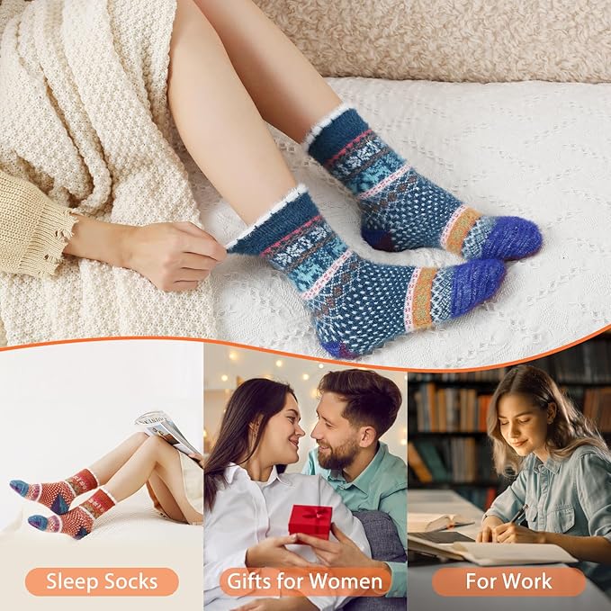 ICEIVY 5 Pair Fuzzy Cozy Socks for Women - Warm Comfy Soft Casual Home Sleep Winter Wool Socks - Gifts for Women