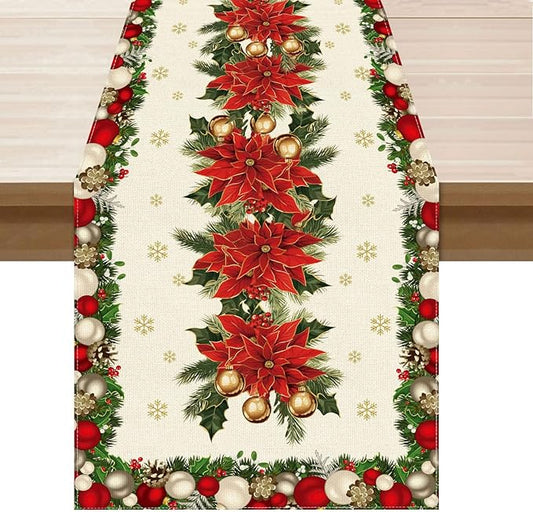 XCHI Christmas Poinsettias Leaves Bells Snowflakes Winter Xmas Table Runner Table Decoration for Home Kitchen Dining Holiday Decor 13x90 Inch