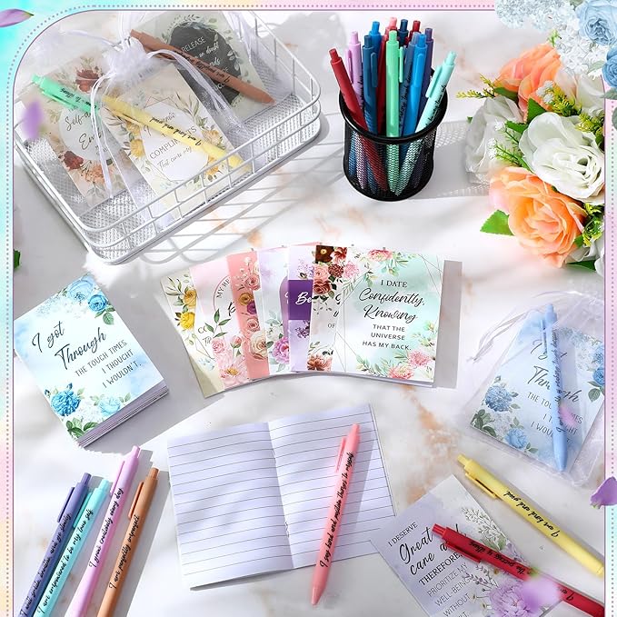 24 Set/48Pcs Positive Affirmation Gift Set Gratitude Notebooks with Pens Small Bags Motivational Encouragement Notepad Daily Affirmations Journal for Women Stress Relief Self Care (Watercolor)