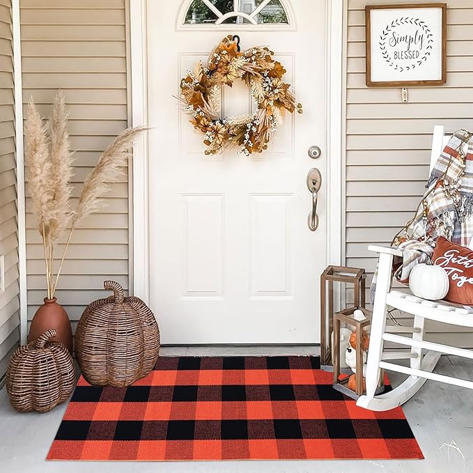 Buffalo Plaid Outdoor Rugs, 2'x4'3'' Orange and Black Checkered Indoor/Outdoor Area Rug, Layering Rug for Hello/Welcome Door Mat, Washable Cotton Woven Farmhouse Mat for Fall Front Porch Décor