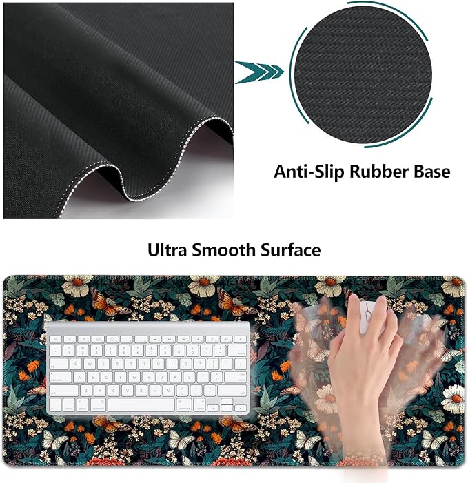 AIMSA XXL Large Gaming Mouse Pad Set with Wrist Rest, Retro Floral Butterfly Pattern, Multicolor, Fabric, Memory Foam, 4 in 1 Combo, Ultra-smooth, Non-slip, Stitched Edges