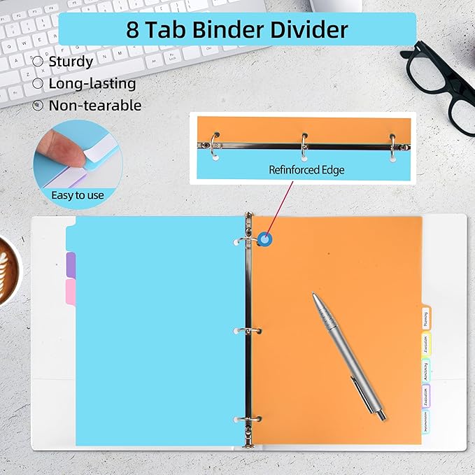 3 Ring Binder Dividers with TAB,24PCS/3 Set Plastic File Dividers,8 Tab 3 Hole Punch Dividers,Pastel Color,Letter Size,3 Sets