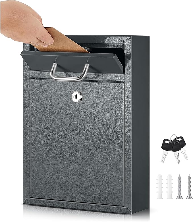 Locking Mailbox with Key for Outdoor 12.2 x 8.5 x 3 Inches Large Wall Mount Mail Box with Lock Security Mail Drop Metal Collection Boxes Hanging Secure Postbox(Dark Gray)