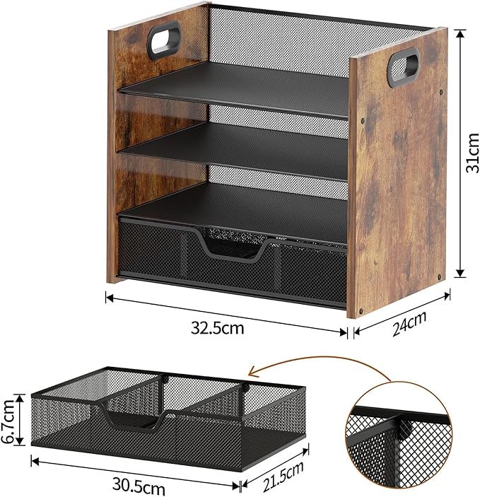 Wood Desk Organizer - 4-Tier Desktop File Organizer with Drawer, Wooden Paper Tray, Office Desk Organizer for Papers, Mail, Notebooks, Stationery