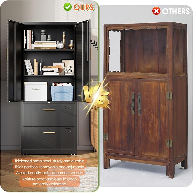 2 Drawer Lateral File Cabinet, Metal Storage Cabinet with Locking Drawers and Adjustable Shelves for Home, Office, Garage, School, Fit for A4/Letter/Legal File, Assemble Required