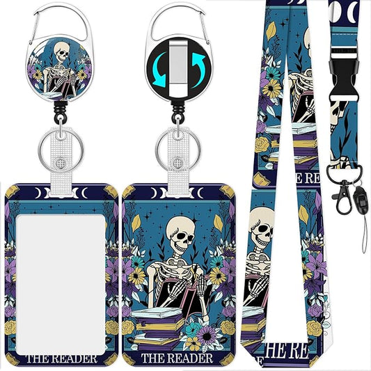 Skull Badge Holder Reel Lanyard,ID Card Badge Holder Retractable Name Tag Clips for Doctor Nurse Teacher Office Student