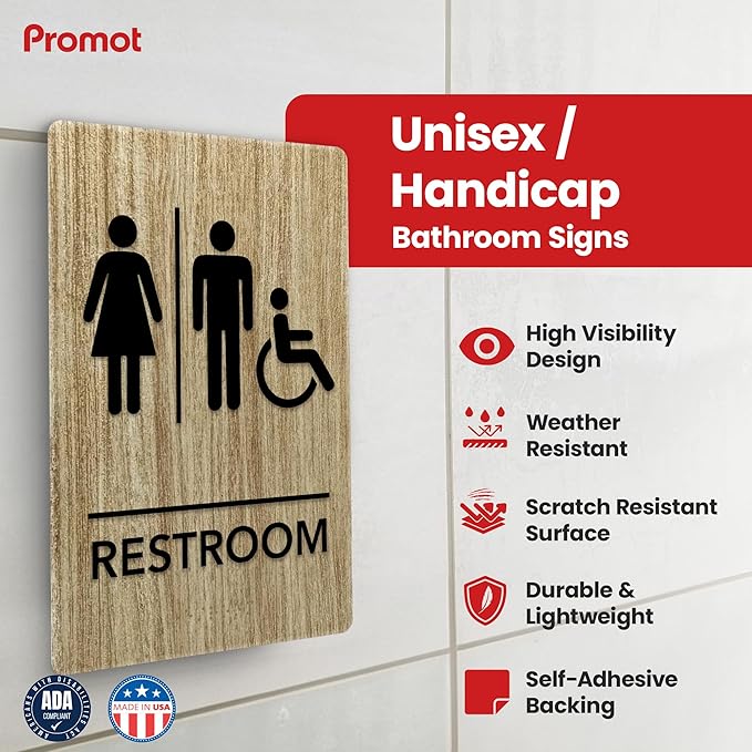 Promot Unisex Handicap Bathroom Sign – ADA Braille Restroom Sign for Business, Self-Adhesive, 9" x 6", Commercial Door Signage, Office Wall Decor - Almond