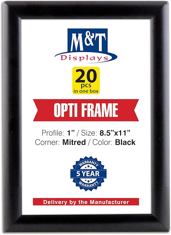 M&T Displays 8.5 x 11 Picture Frame, Front Loading Diploma Frame, Black Color, 1" Profile Size, 20 Packs