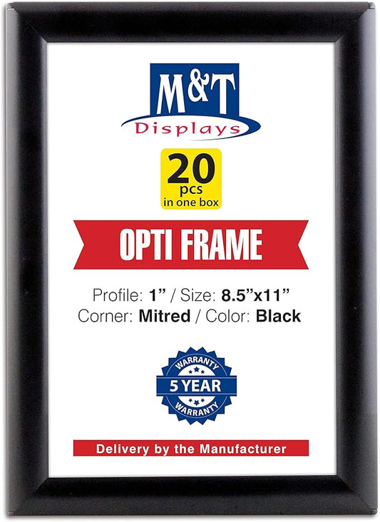 M&T Displays 8.5 x 11 Picture Frame, Front Loading Diploma Frame, Black Color, 1" Profile Size, 20 Packs