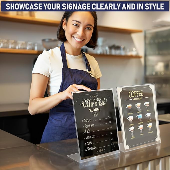 Acrylic Sign Holder 8.5 x 11, Slant Back Display Stand, A-Frame Flyer Display for Office, Menu Holder, and Table Signs. Acrylic Stands for Paper and Sign Frame, Perfect for Tabletop Use (6 Pack)