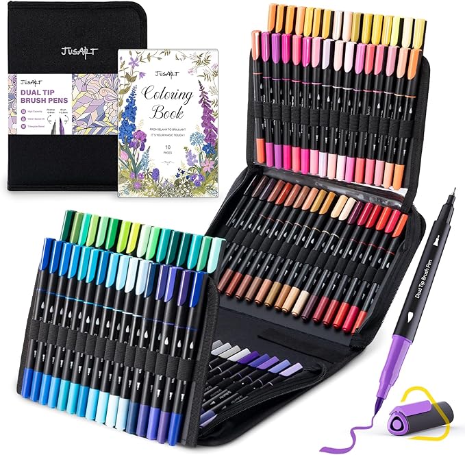 JusArt Markers for Adult Coloring Books No Bleeding, Coloring Markers with Dual Tips, Fine & Brush Pens with Ergonomic Triangle Grip & 33% More Ink, Water-Based Art Drawing Set for Adults, 100 Colors