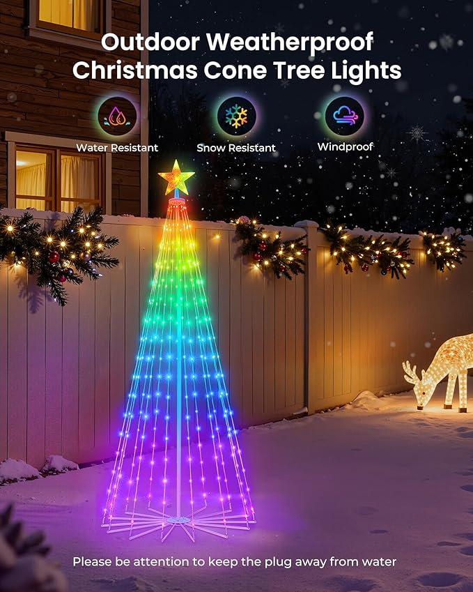 Brightown Smart Christmas Cone Tree LED Lights, 7.5ft 295 Music Sync with Remote APP and Local Control, Pattern Text Displayable, 16 Million Colors Light Show for Indoor Outdoor Decorations