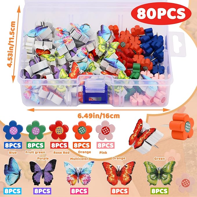 80 Pcs Push Pins for Cork Board, Decorative Thumb Tacks Wooden Push Pins Head Pin Wood Map Tacks Pin, Wood Thumb Tacks for Bulletin Boards Craft Projects with Storage Box-Flower and Butterfly