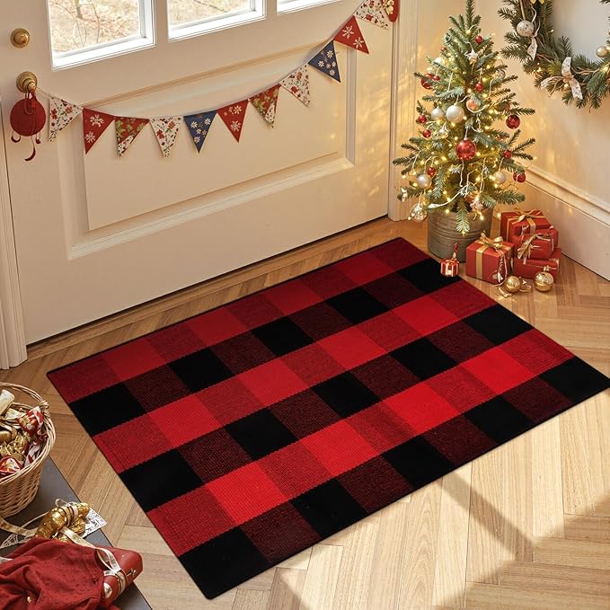 OJIA Christmas Buffalo Plaid Door Mats Outdoor 2'x3', Cotton Red&Black Front Door Rug Machine Washable Small Area Rug Farmhouse Indoor Throw Rugs for Layered Doormat/Porch/Entryway/Kitchen/Bathroom