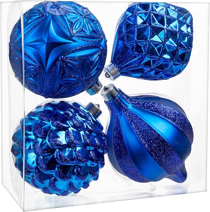 Hollyone 4.7 Inch Large Blue Christmas Ornaments 4Pcs Balls Ornaments Shatterproof Christmas Hanging Ornaments for Xmas Tree Decor with Hook for Wedding Holiday Party Wreath Home Decor (Blue, 120mm)