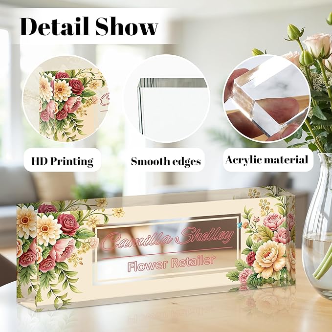 Ship Next Day Personalized Name Plate for Desk, Custom Acrylic Desk Name Sign, Office Appreciation Gifts for Women Men Coworkers Boss Teacher Employee (Flower-Rose)
