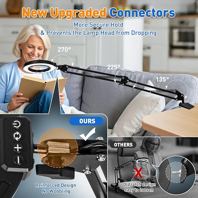 12X Long Swing Arm Magnifying Glass with Light and Stand, NUEYiO 4-Way Large Strong Metal Clamp Lighted Magnifier Lamp, 5 Color Modes LED Magnifying Lamp for Workbench, Crafting, Hobby