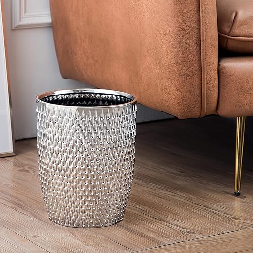 Modern Round Silver Small Trash Can Wastebasket, Garbage Container Bin for Bathrooms, Powder Rooms, Kitchens, Home Offices - Durable Ceramics - Round