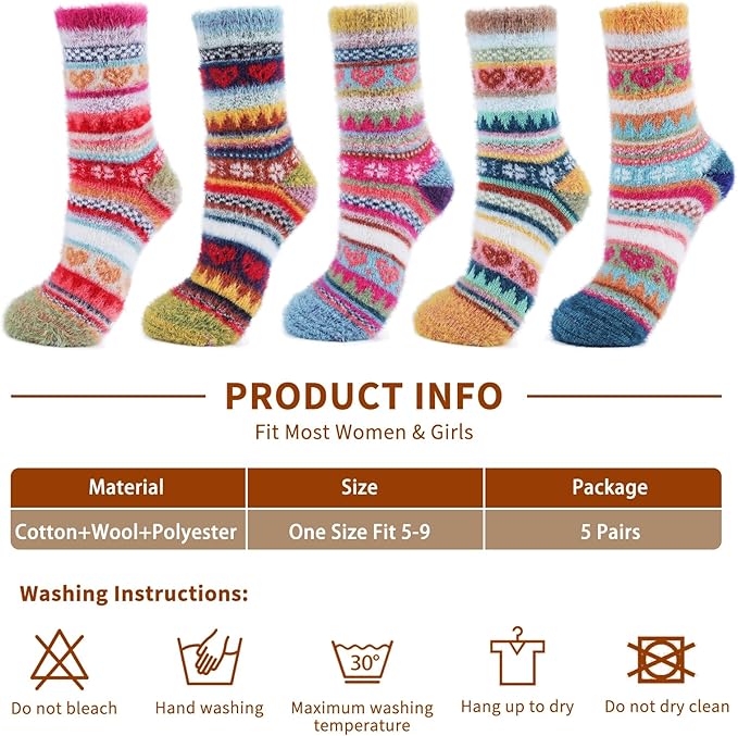 ICEIVY 5 Pair Fuzzy Cozy Socks for Women - Warm Comfy Soft Casual Home Sleep Winter Wool Socks - Gifts for Women