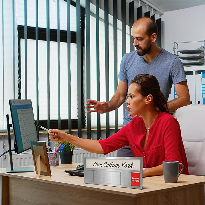 Name Plate for Desk& Office Door Sign, 6 Options Do Not Disturb, In A Meeting, Out of Office, Working Remotely, Please Knock, Stick or Stand with Desk Name Plate, Brushed Silver no icon