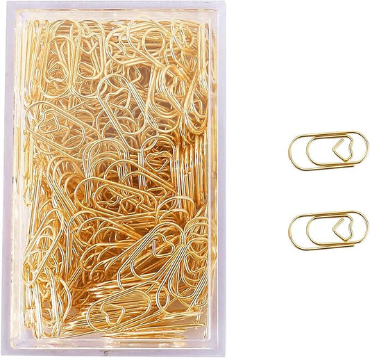 200 Pcs Small Gold Paper Clips Love Heart Shaped Paperclips Stainless Steel in Tinplate Paper Clips Holder for Office School Home Desk Organizers
