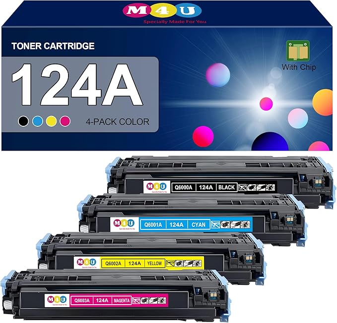 124A Toner Cartridges 4 Pack(with Chip) Remanufactured Compatible for 124A Q6000A Q6001A Q6002A Q6003A 124A Toner use for Color 2600n 1600 2605 1015 1017 Series Printer(Black Cyan Magenta Yellow)