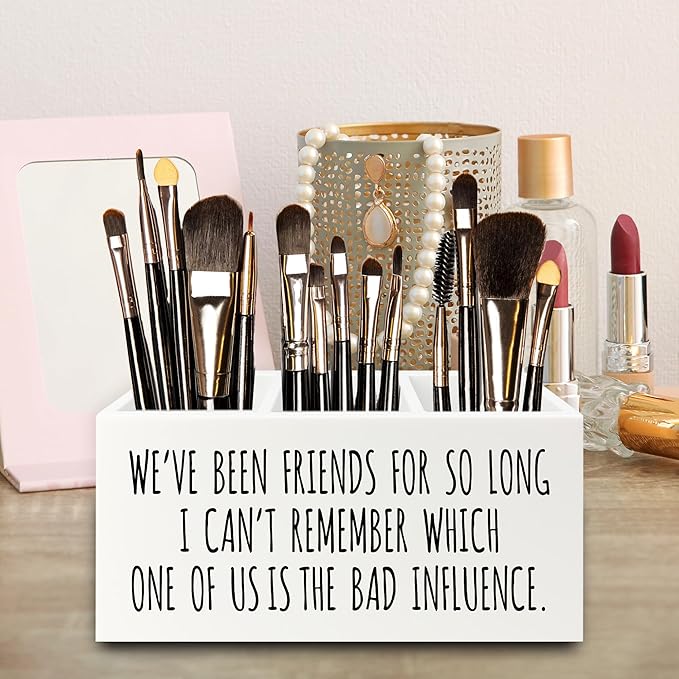 Funny Sarcastic Friendship Pen Pencil Holder Organizer for Desk, Humorous Gifts, We've Been Friends for So Long I Can't Remember Which Wooden Box Signs Decor for Home Office Desk Tabletop