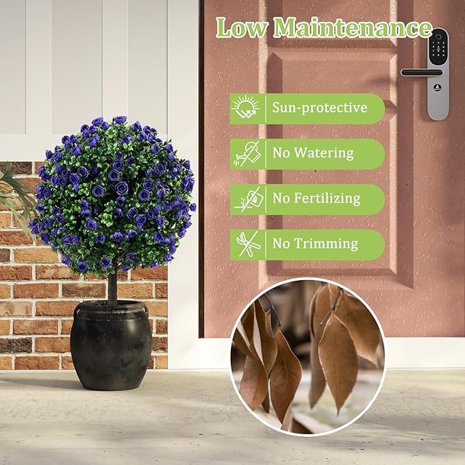 Goplus 22'' Artificial Purple Rose Topiary Ball Tree, Set of 2 Faux Potted Plants Artificial Shrubs Bushes with Flowers, Fake Evergreen Boxwood Topiary for Indoor Outdoor Home Front Porch Decor