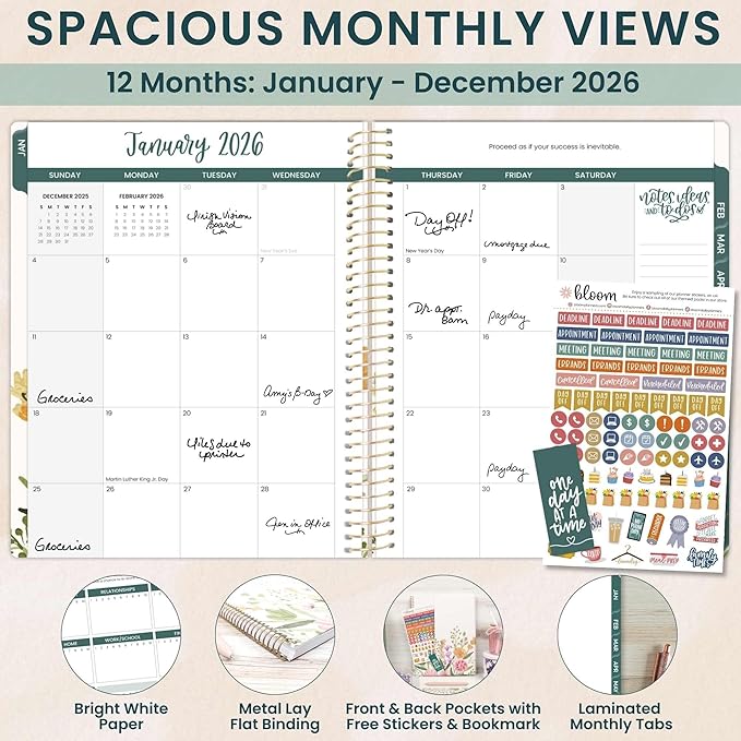 bloom daily planners 2026 Planner (January to December) - 8.5” x 11” Weekly & Monthly Dated Agenda Organizer Book with Stickers & Tabs - Flexible Soft Cover - Beige Bouquet