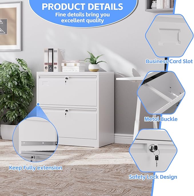 2 Drawer Lateral File Cabinet, Metal Wide Filing Cabinet with Independent Locks, Home Office Furniture for Hanging Files Letter/Legal/F4/A4 Size, Assembly Required, White