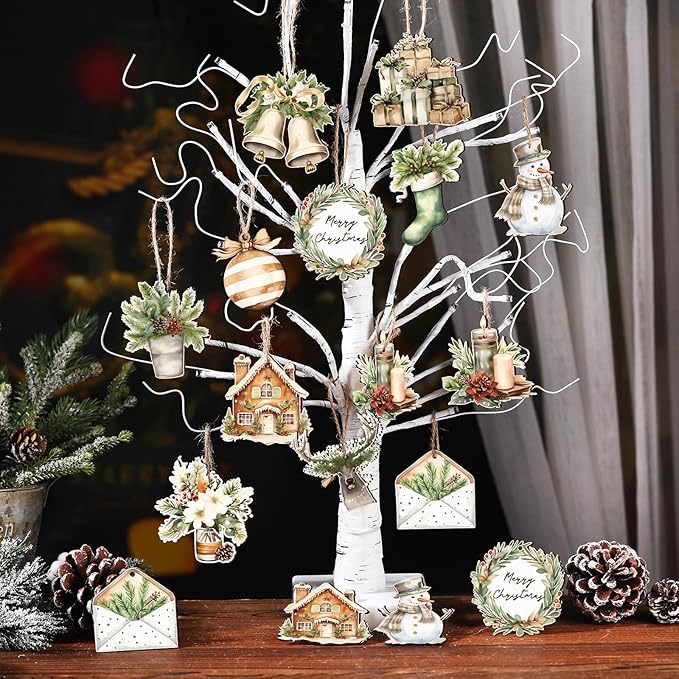 Huwena 36 Pcs Woodland Christmas Ornaments Farmhouse Winter Wooden Ornaments Snowman Reindeer Wreath Bells Flowers Wood Cutouts Tags with Ropes Country Neutral Christmas Decor for Xmas Tree Gifts