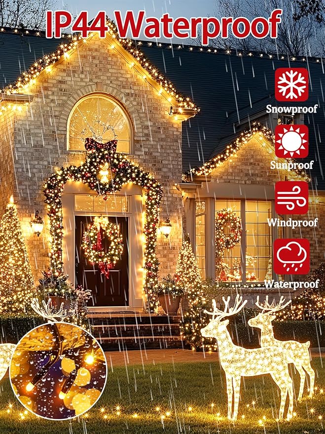 2-Pack 66FT 200 LED Christmas Lights, 13 Modes Extendable Christmas Tree Lights with Timer & Memory, Waterproof Twinkle Fairy Lights Green Wire Outdoor String Lights Indoor for Xmas Tree (Warm White)