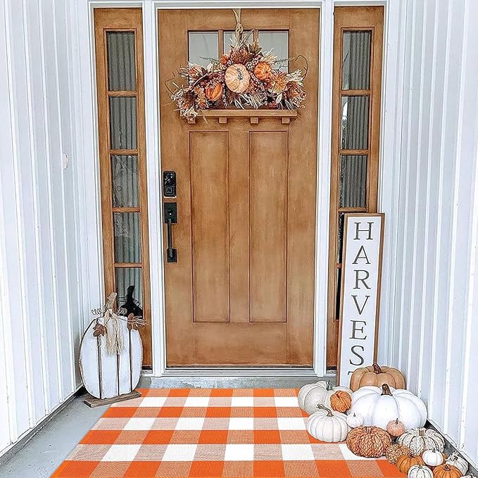 Buffalo Plaid Outdoor Rugs, 2'4" x 3'7" Orange and White Check Indoor/Outdoor Area Rug, Layering Rug for Hello/Welcome Door Mat, Washable Cotton Woven Farmhouse Mat for Fall Front Porch Décor