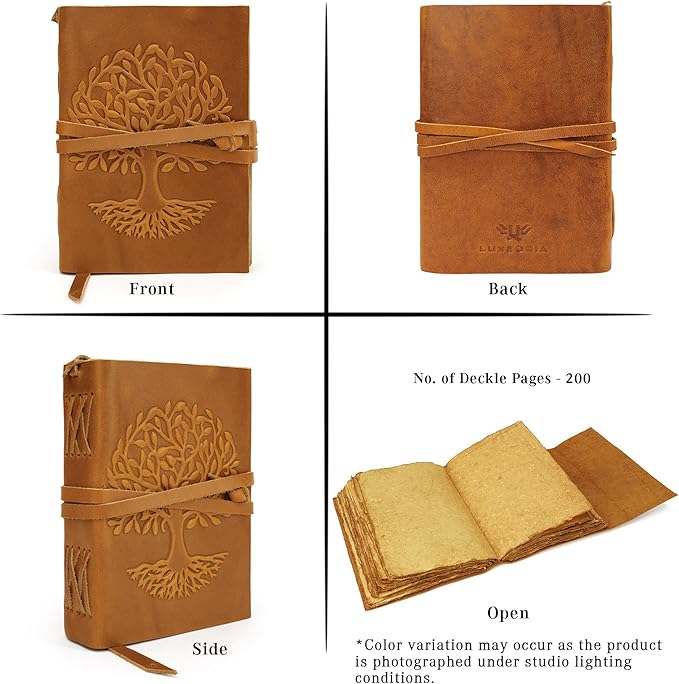 LUXEORIA Tree Of Life Leather Journal for Women and Men, Handcrafted Leather Journal for Writing Womens, Sketchbook, Travel Diary with Unlined Deckle Paper, Camel Brown 6x8
