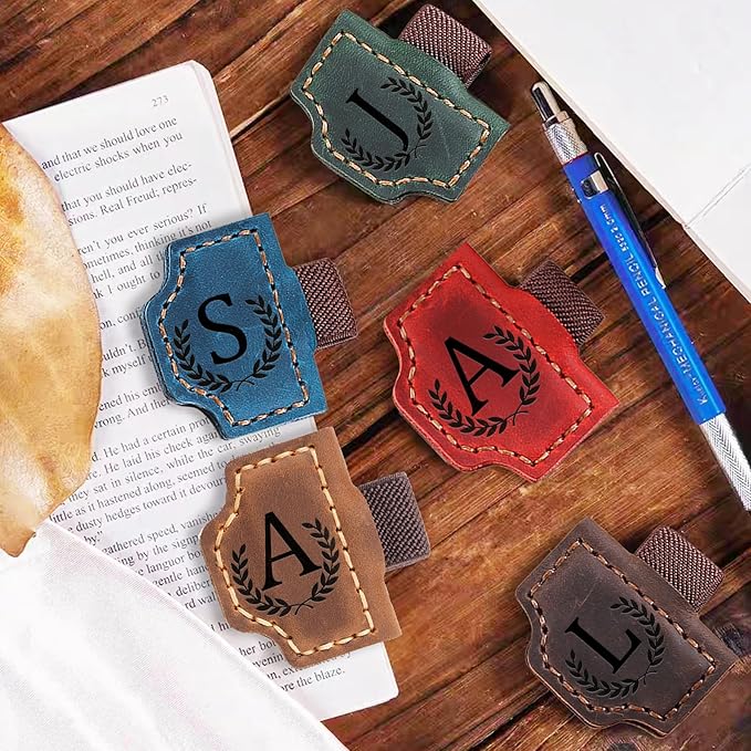 Bygone Mark Bookmark with Pen Holder, 26 Letters Name Initial Personalized Magnetic Bookmarks, Leather Book Mark for Men Women, Travelers Accessories, Teachers Readers Book Lovers Gifts (Purple, C)