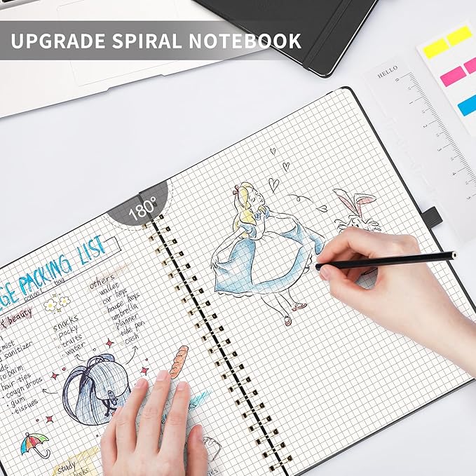 AHGXG Graph Paper Notebook - Spiral Notebook 8.5" x 11", A4 Large Hardcover Leather Journal Grid Notebook, 100 gsm Thick Graph Paper,Journals for School Writing Graphing Engineering Math, Black