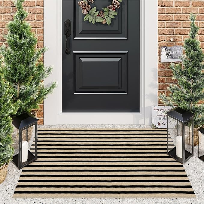 KIMODE Striped Outdoor Rug 27.5x43 Inches, Machine Washable Outdoor Front Porch Rug, Black and Khaki Front Door Mats, Hand Woven Welcome Layered Doormat Entryway Rug for Entrance, Doorway