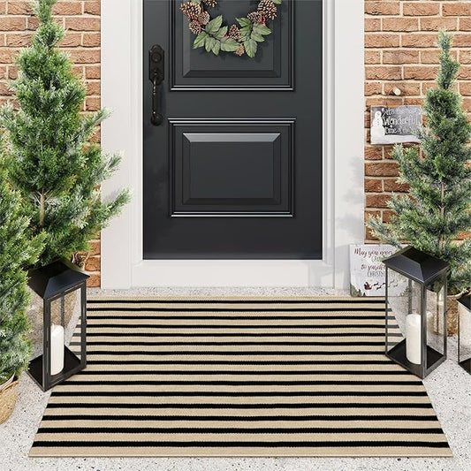 KIMODE Striped Outdoor Rug 27.5x43 Inches, Machine Washable Outdoor Front Porch Rug, Black and Khaki Front Door Mats, Hand Woven Welcome Layered Doormat Entryway Rug for Entrance, Doorway