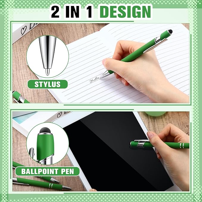 Zonon 38 Pieces Rubberized Ballpoint Pen with Stylus Tip Stylish Metal Pen Capacitive Styli with Soft Rubberized Grip, Black Ink for Most Devices(Green)