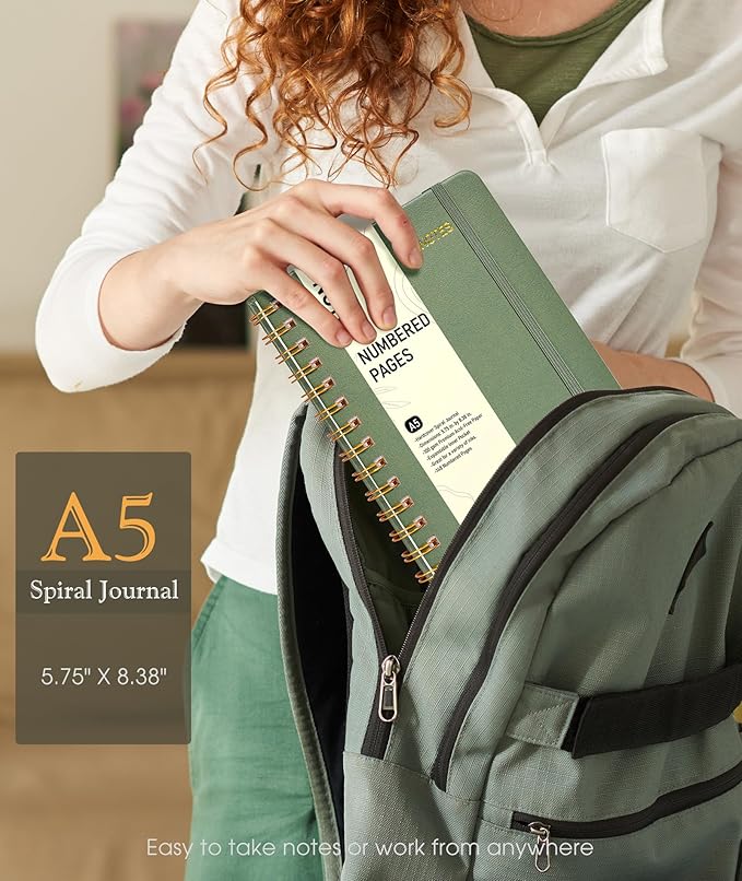 Lined Spiral Journal Notebook, A5 Hardcover Spiral Journals for Women Men, 150 Numbered Pages Spiral Bound Notebook, 100 GSM College Ruled Notebooks for Writing Note Taking 5.75" x 8.38", Sage Green