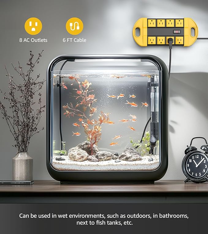 CCCEI GFCI Outdoor Power Strip Weatherproof with 8 AC, Waterproof Extension Cord with Multiple Outlets, Wall Mount Surge Protector Flat Plug, Christmas Exterior Garden, Yard, 6FT, Yellow.